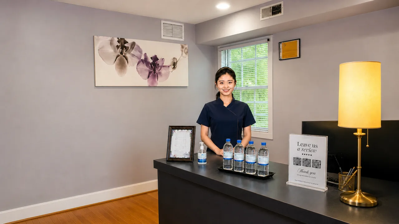 Wellness Foot Spa team member welcoming guests at the reception desk in Glenside