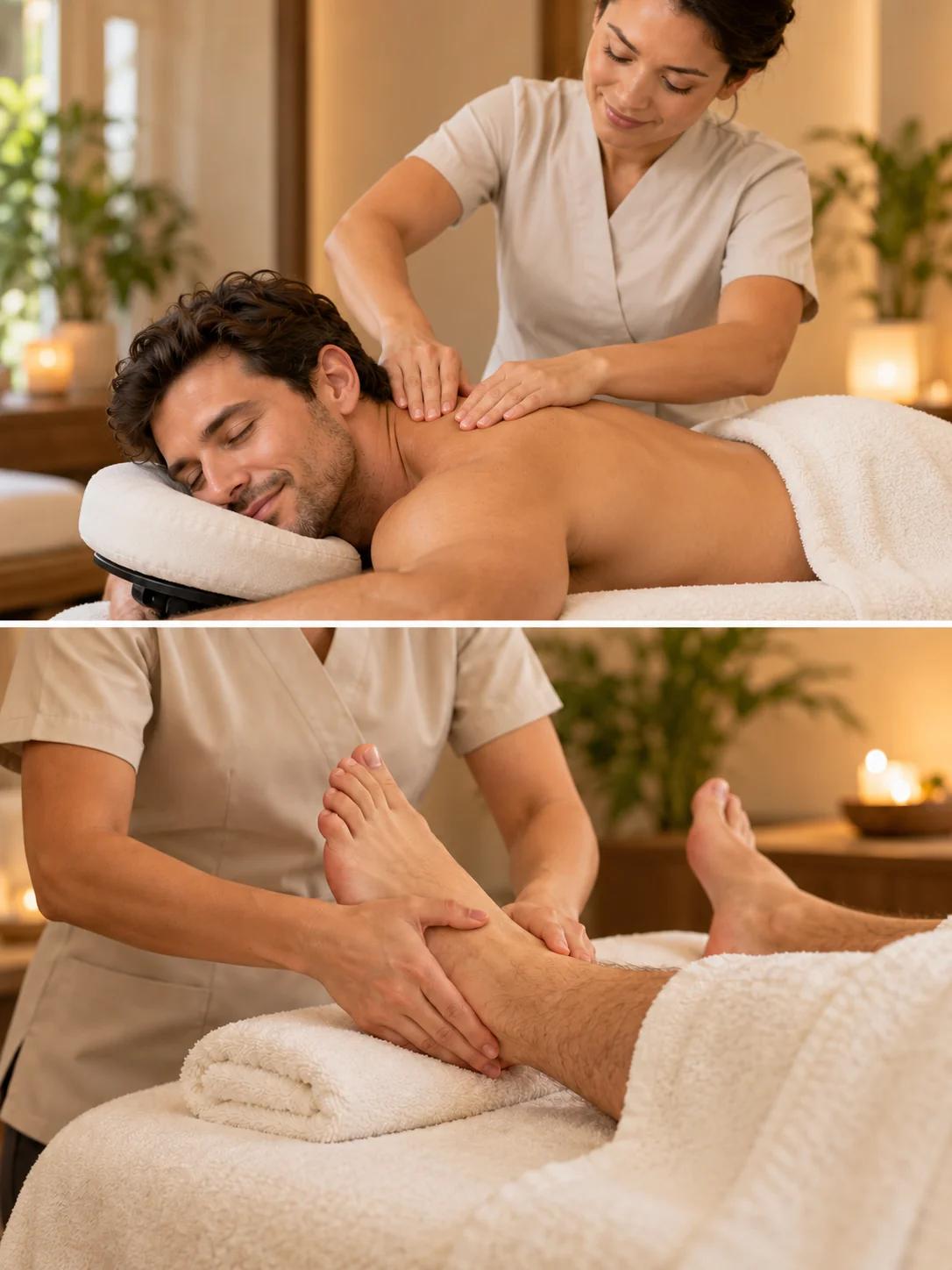 Body massage and foot massage shown in two professional spa treatment scenes