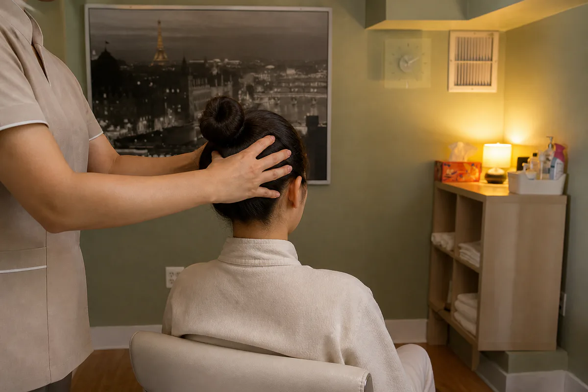 Representative image of a seated head massage viewed from behind.